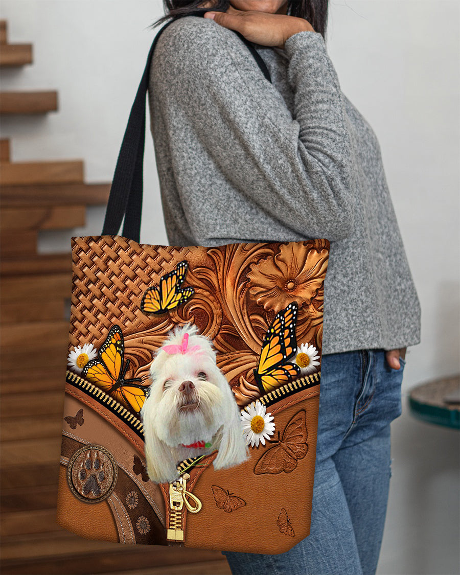 Lhasa Apso Butterfly Daisy Cloth Tote Bag