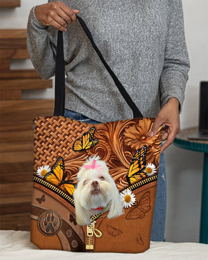 Lhasa Apso Butterfly Daisy Cloth Tote Bag