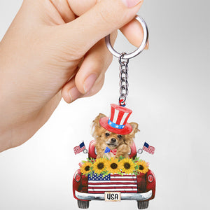 Long Hair Chihuahua-USA Truck Flat Acrylic Keychain