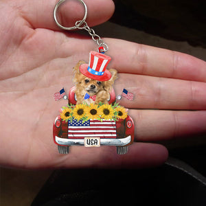 Long Hair Chihuahua-USA Truck Flat Acrylic Keychain