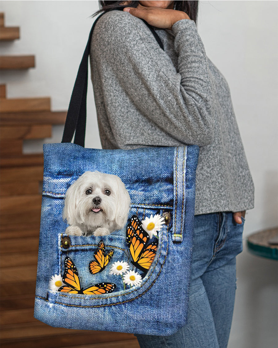 Maltese-Butterfly Daisies Fait-CLOTH TOTE BAG