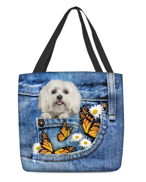 Maltese-Butterfly Daisies Fait-CLOTH TOTE BAG