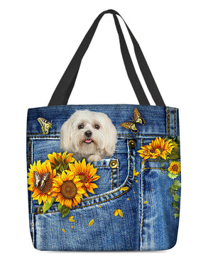 Maltese-Sunflowers & Butterflies Cloth Tote Bag