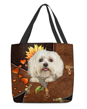 Maltese-Sunflower&zipper Cloth Tote Bag