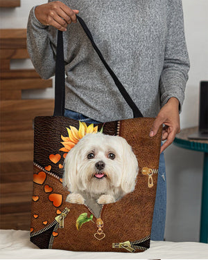 Maltese-Sunflower&zipper Cloth Tote Bag