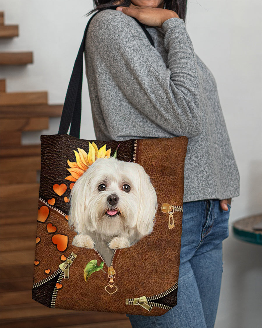 Maltese-Sunflower&zipper Cloth Tote Bag