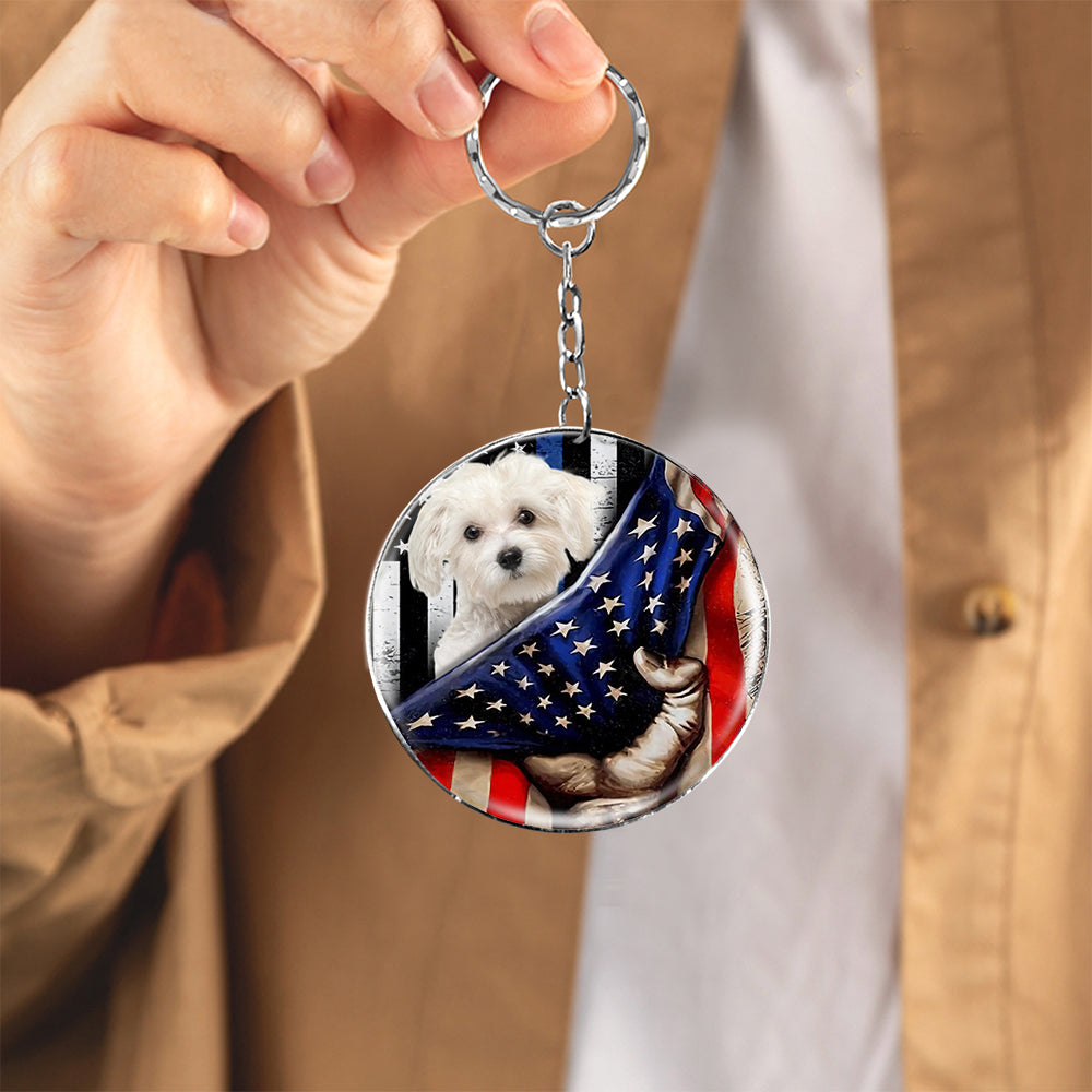 Maltese (2)-Inside American Flag Independence Day Round Resin Epoxy Metal Keychain