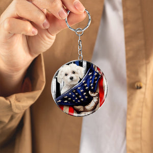 Maltese (2)-Inside American Flag Independence Day Round Resin Epoxy Metal Keychain