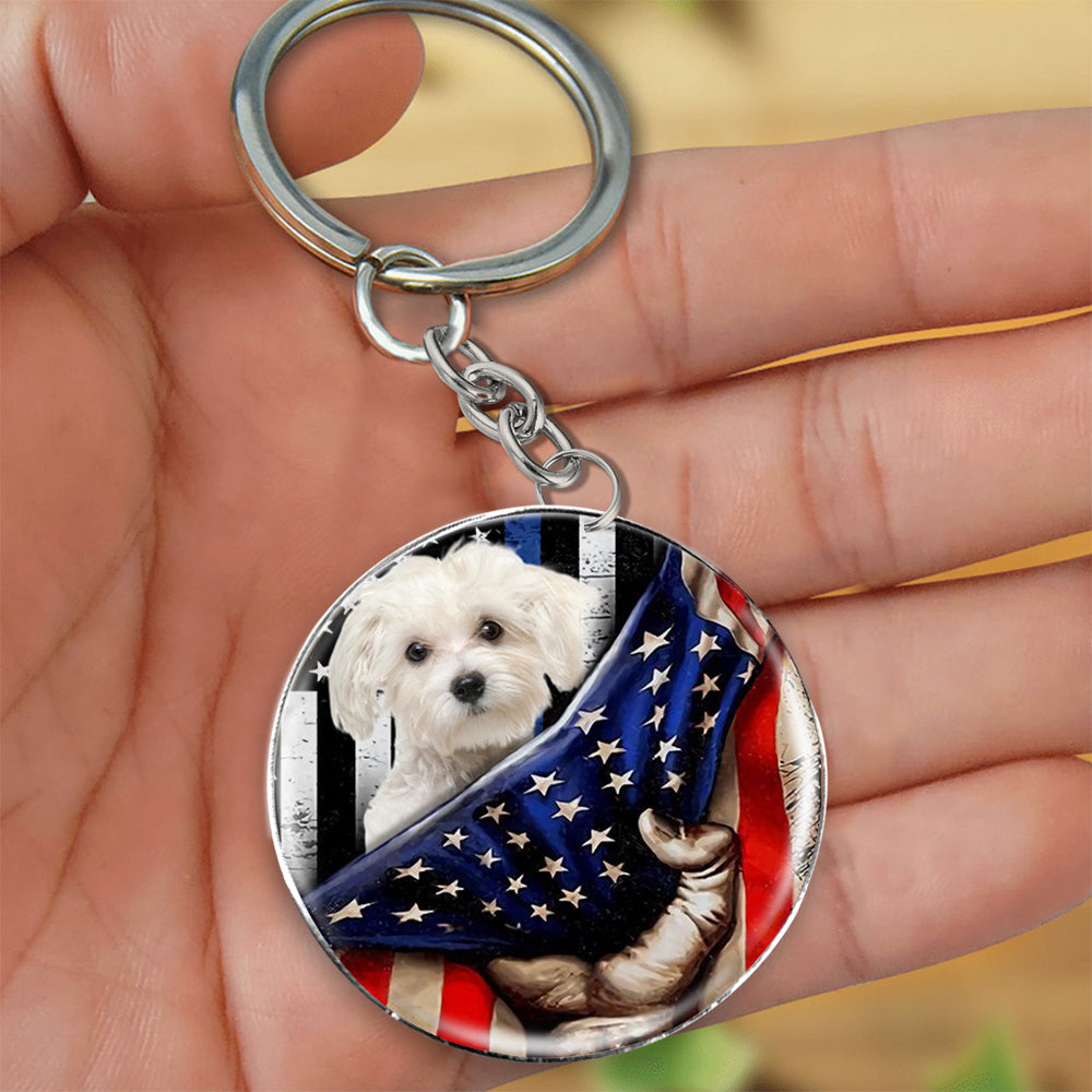Maltese (2)-Inside American Flag Independence Day Round Resin Epoxy Metal Keychain