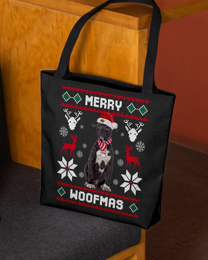 Merry Woofmas-BLACK American Staffordshire Terrier-Cloth Tote Bag