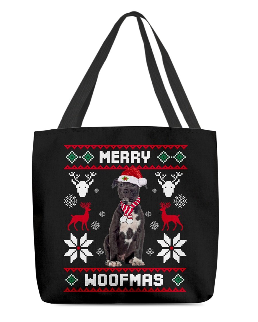 Merry Woofmas-BLACK American Staffordshire Terrier-Cloth Tote Bag