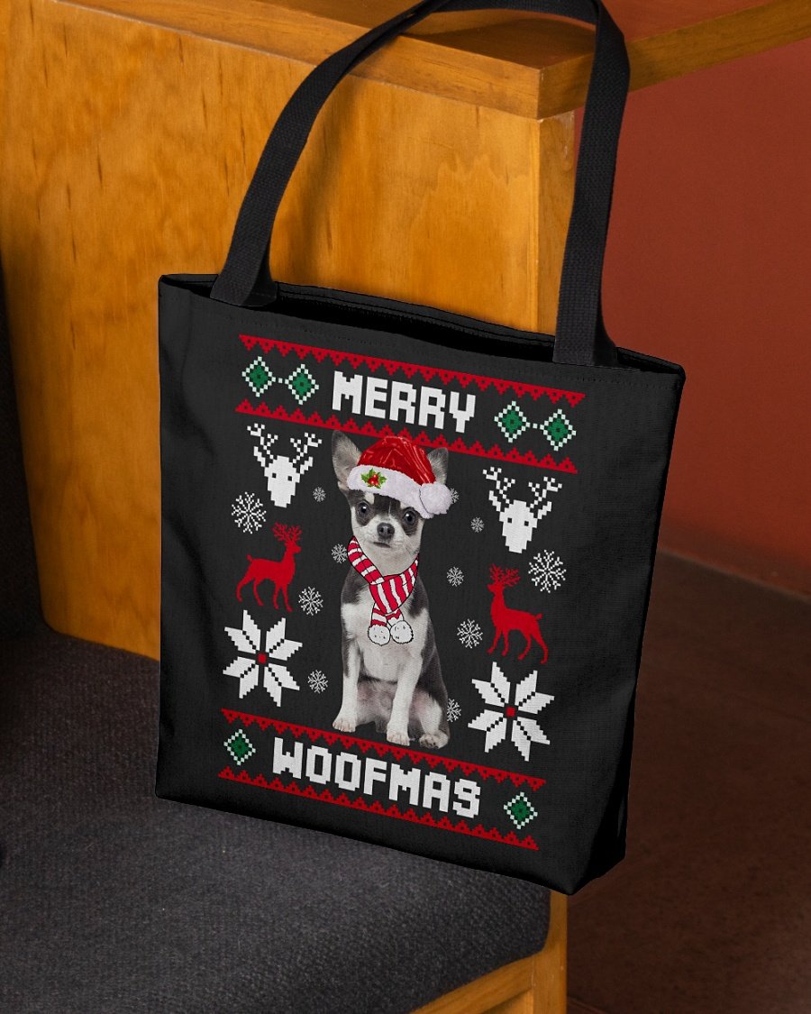 Merry Woofmas-BLACK Chihuahua-Cloth Tote Bag