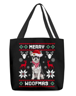 Merry Woofmas-BLACK Chihuahua-Cloth Tote Bag