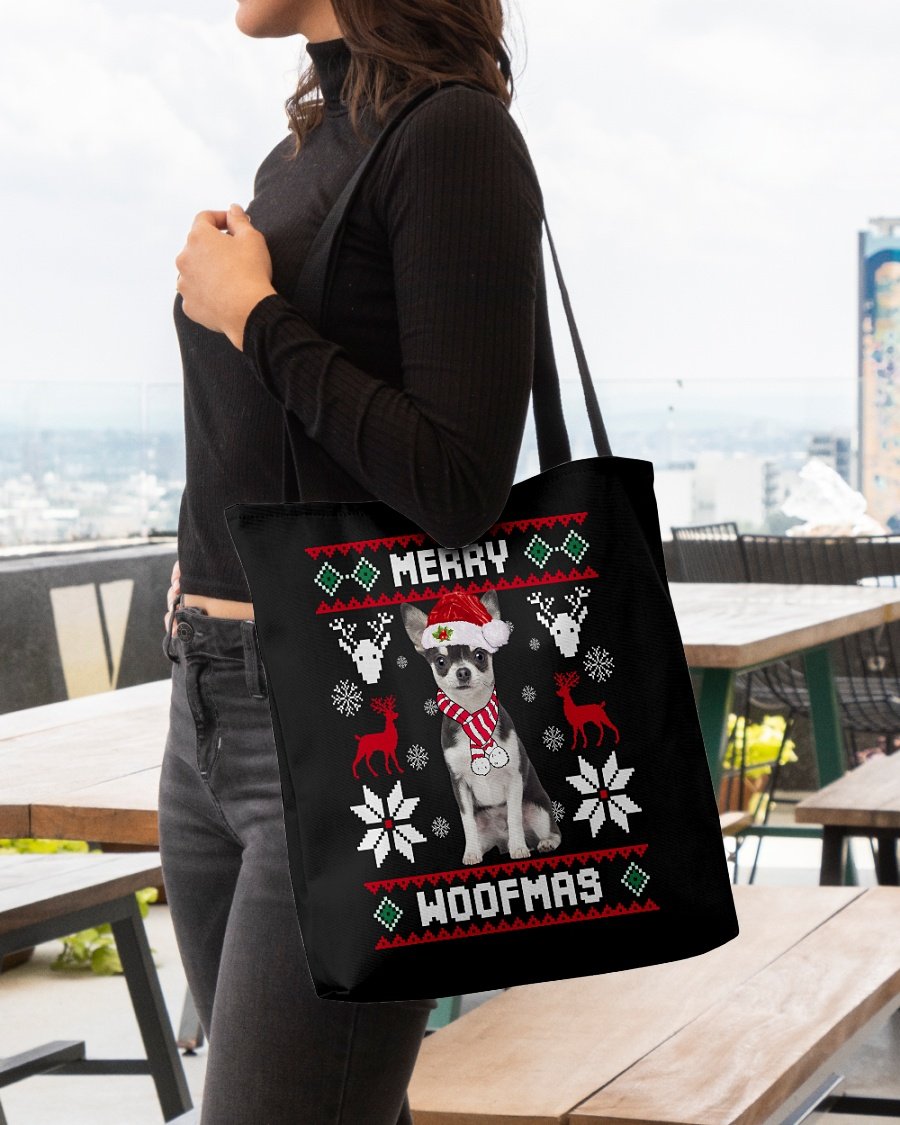 Merry Woofmas-BLACK Chihuahua-Cloth Tote Bag