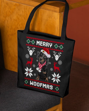 Merry Woofmas-BLACK Dachshund-Cloth Tote Bag