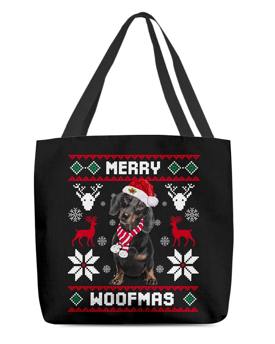 Merry Woofmas-BLACK Dachshund-Cloth Tote Bag