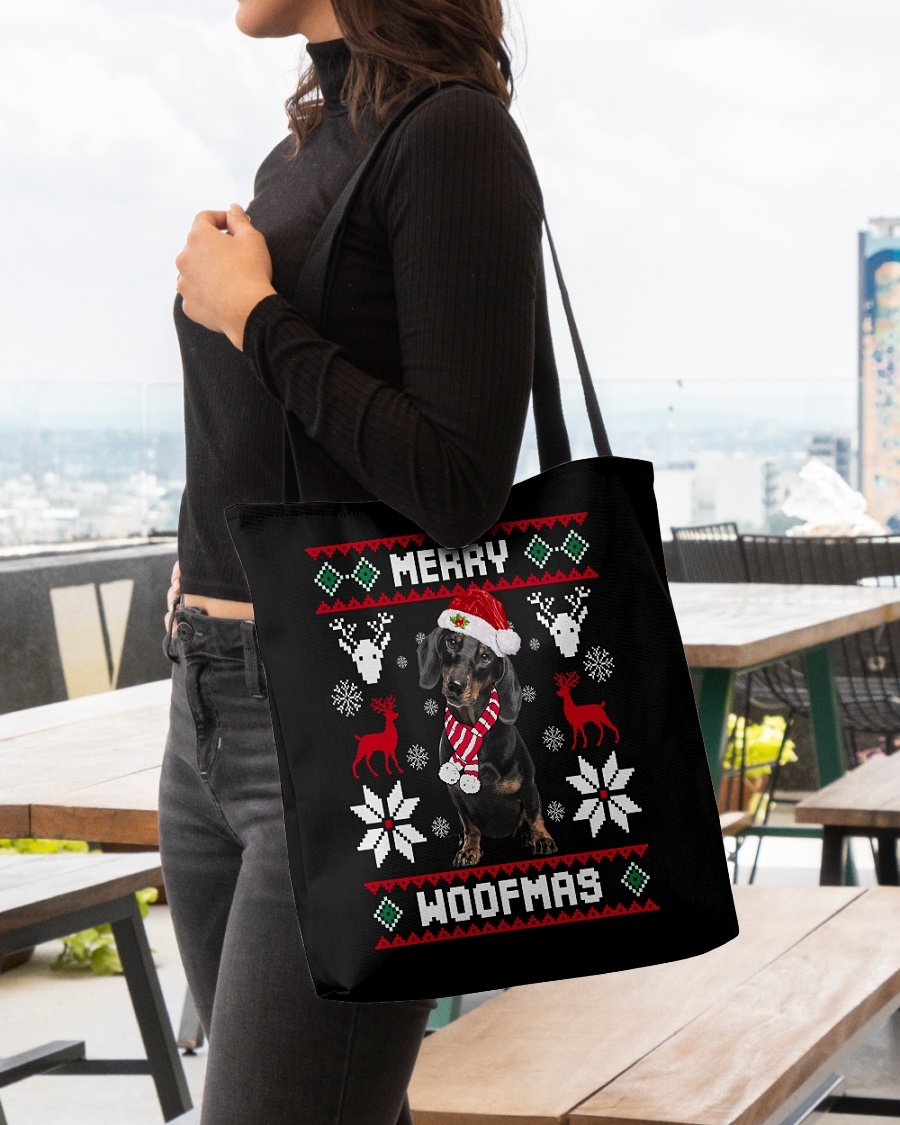 Merry Woofmas-BLACK Dachshund-Cloth Tote Bag