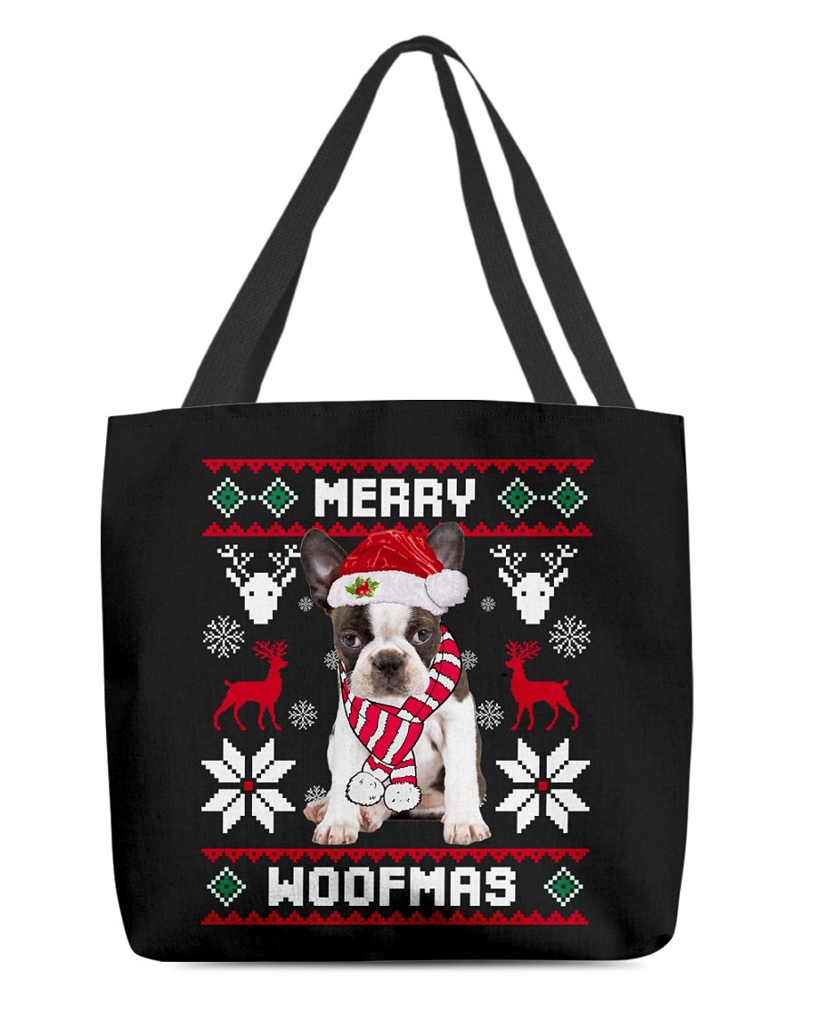 Merry Woofmas-BRINDLE Boston Terrier-Cloth Tote Bag