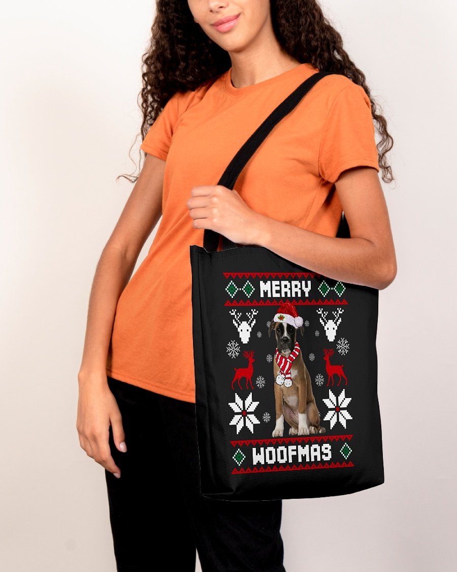 Merry Woofmas-BROWN Boxer-Cloth Tote Bag