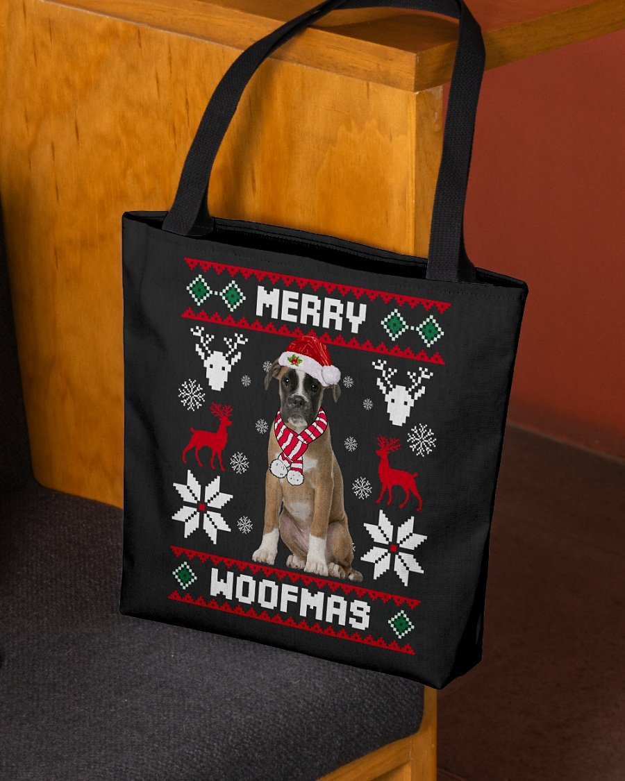 Merry Woofmas-BROWN Boxer-Cloth Tote Bag