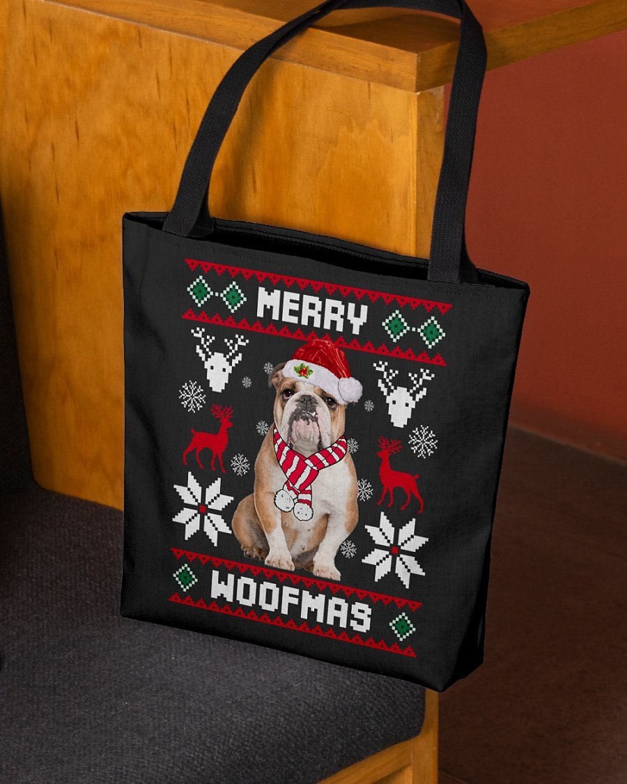 Merry Woofmas-BROWN English Bulldog-Cloth Tote Bag
