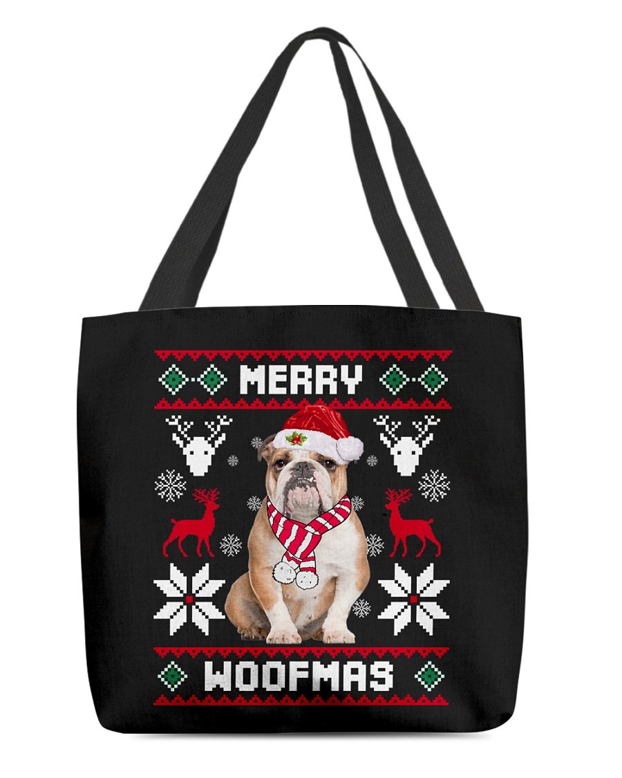 Merry Woofmas-BROWN English Bulldog-Cloth Tote Bag
