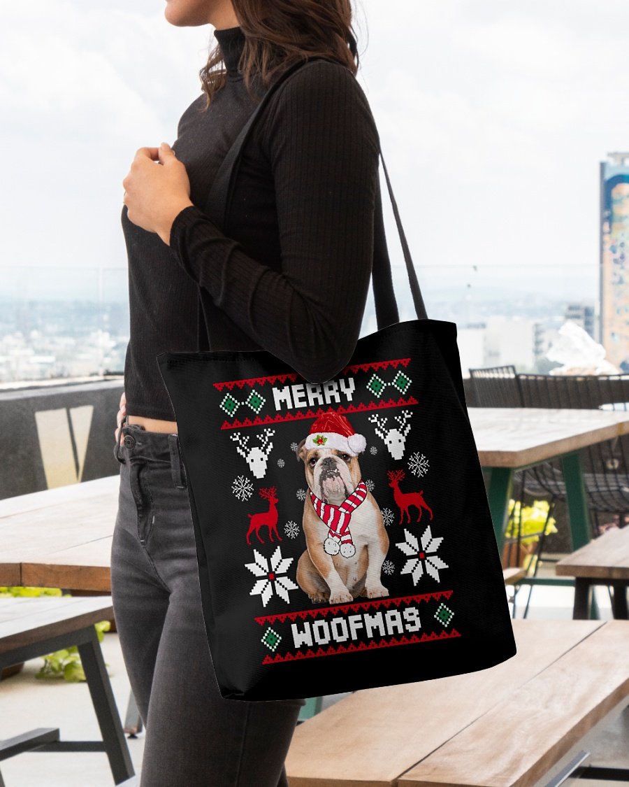 Merry Woofmas-BROWN English Bulldog-Cloth Tote Bag