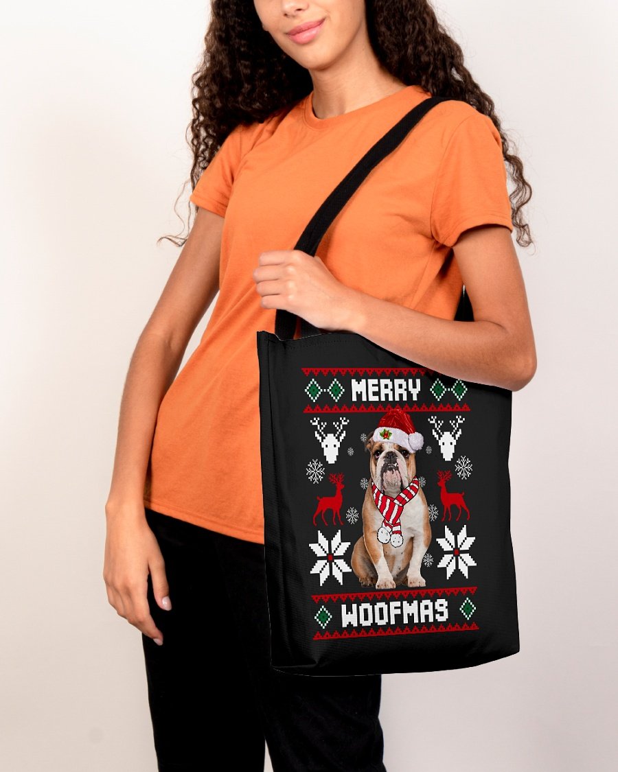 Merry Woofmas-BROWN English Bulldog-Cloth Tote Bag