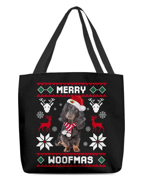 Merry Woofmas-Black Long-haired Dachshund-Cloth Tote Bag