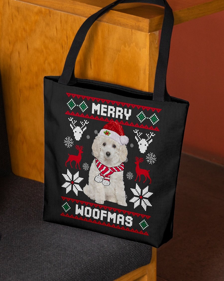 Merry Woofmas-WHITE Toy Poodle-Cloth Tote Bag