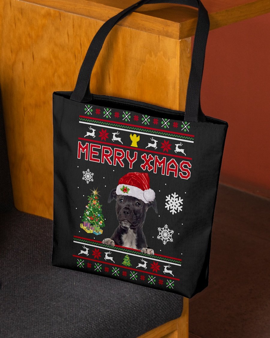 Merry Xmas-BLACK American Staffordshire Terrier-Cloth Tote Bag