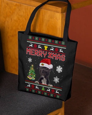 Merry Xmas-BLACK American Staffordshire Terrier-Cloth Tote Bag