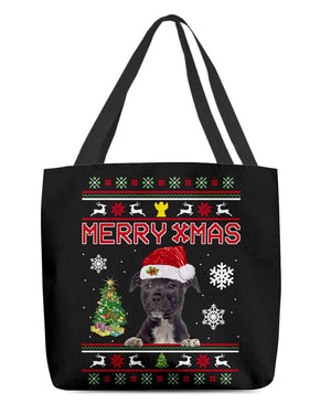 Merry Xmas-BLACK American Staffordshire Terrier-Cloth Tote Bag