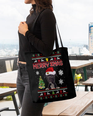 Merry Xmas-BLACK American Staffordshire Terrier-Cloth Tote Bag