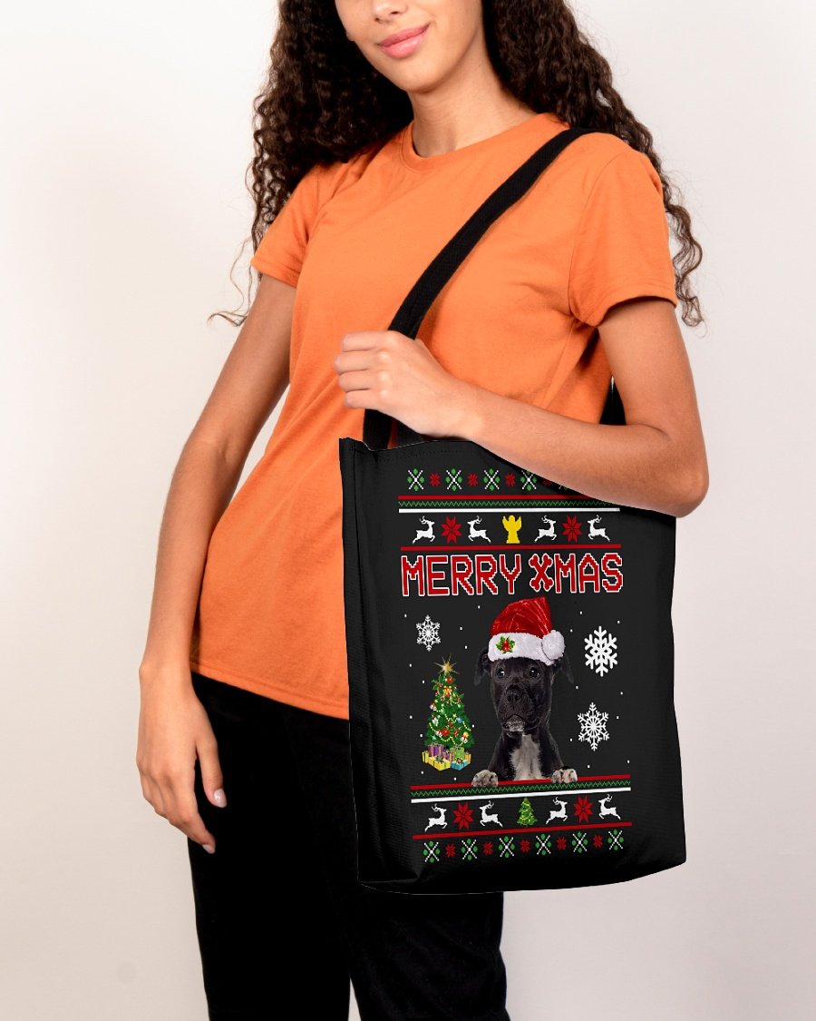 Merry Xmas-BLACK American Staffordshire Terrier-Cloth Tote Bag