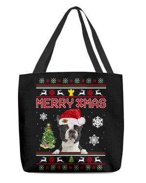 Merry Xmas-BLACK Boston Terrier-Cloth Tote Bag