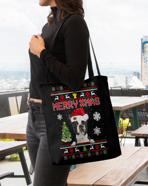 Merry Xmas-BLACK Boston Terrier-Cloth Tote Bag