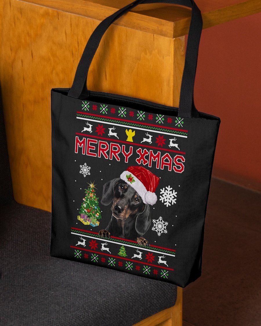 Merry Xmas-BLACK Dachshund-Cloth Tote Bag