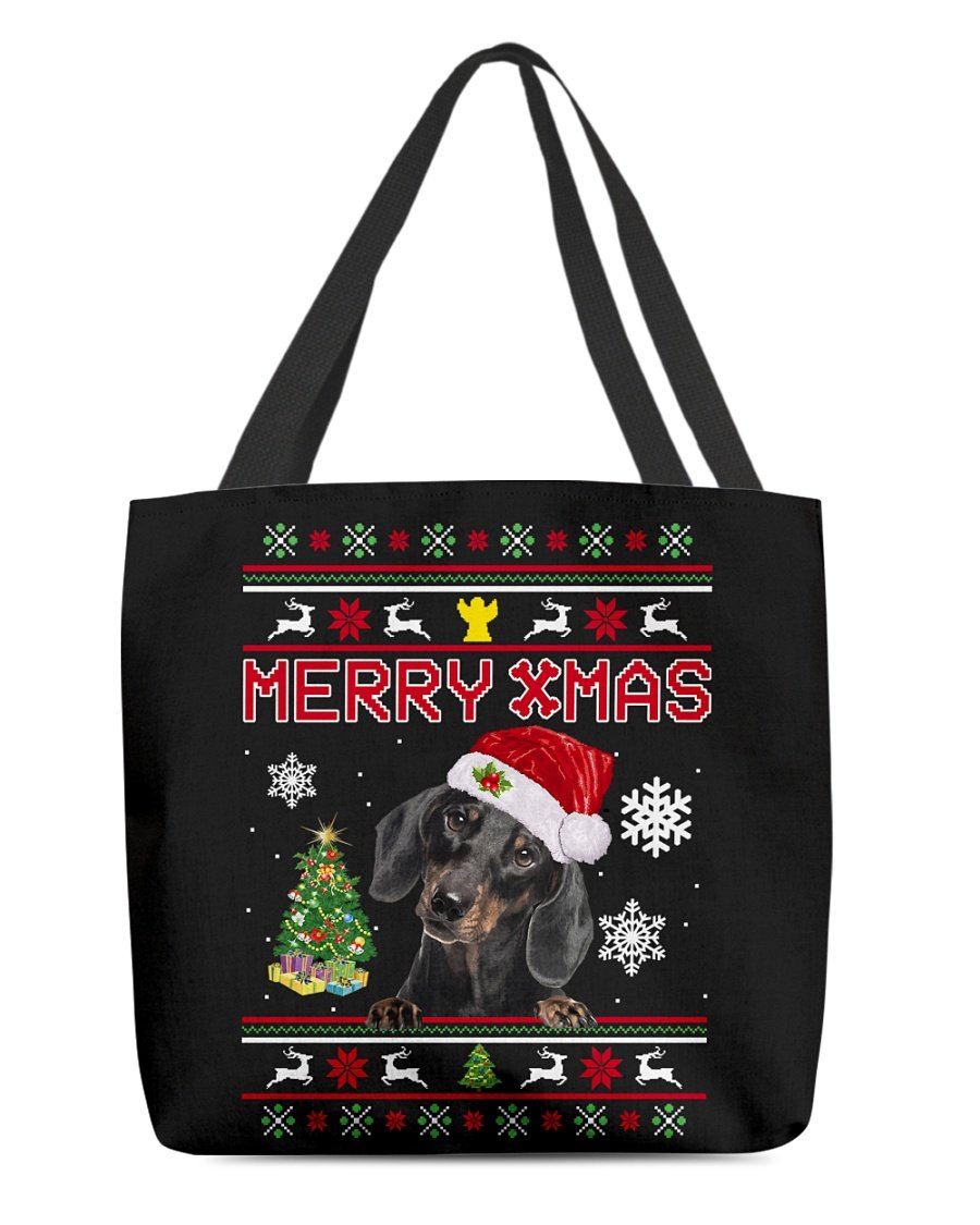 Merry Xmas-BLACK Dachshund-Cloth Tote Bag