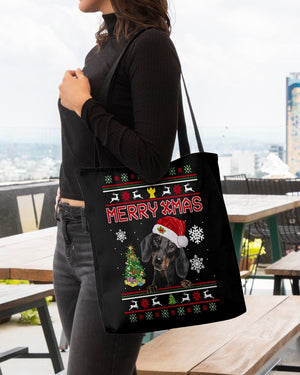 Merry Xmas-BLACK Dachshund-Cloth Tote Bag