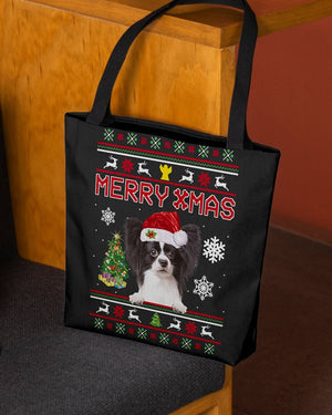 Merry Xmas-BLACK n WHITE Papillon-Cloth Tote Bag