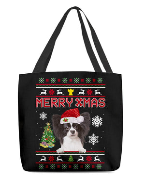 Merry Xmas-BLACK n WHITE Papillon-Cloth Tote Bag