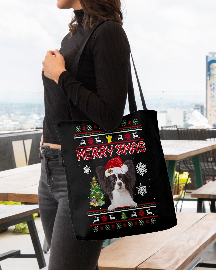 Merry Xmas-BLACK n WHITE Papillon-Cloth Tote Bag