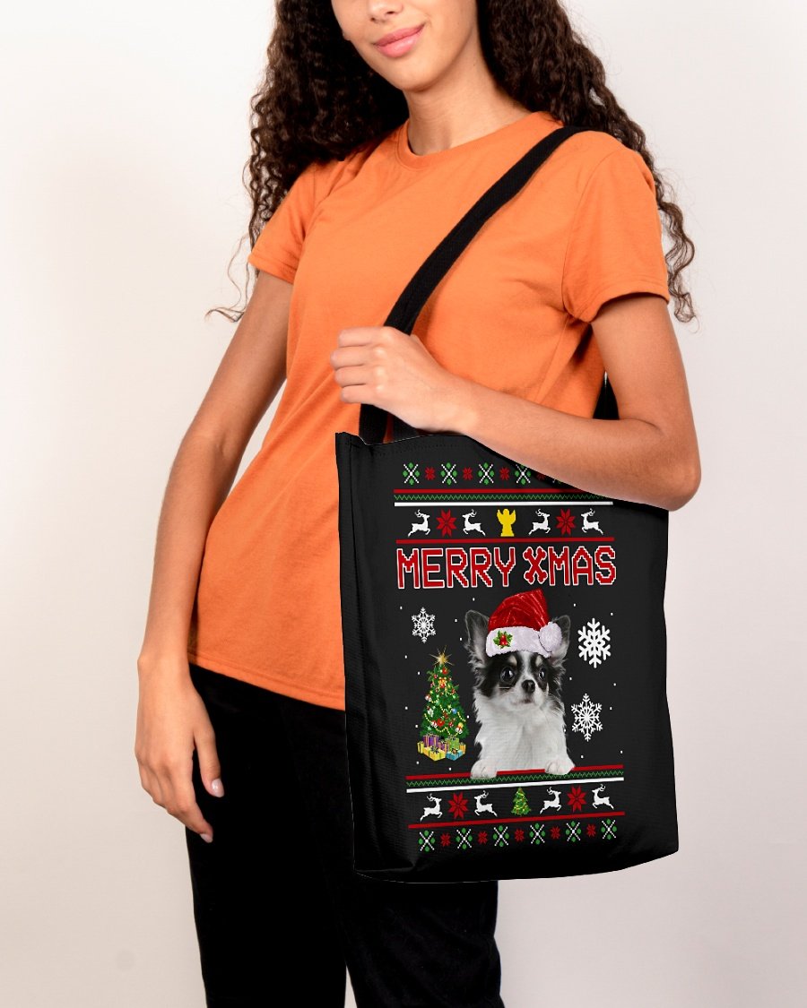 Merry Xmas-WHITE LONG HAIRED Chihuahua-Cloth Tote Bag