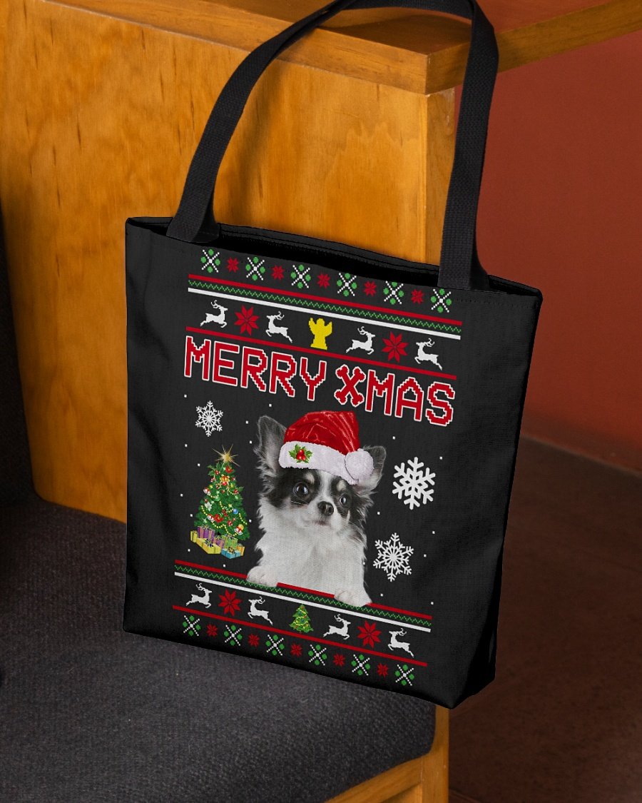 Merry Xmas-WHITE LONG HAIRED Chihuahua-Cloth Tote Bag