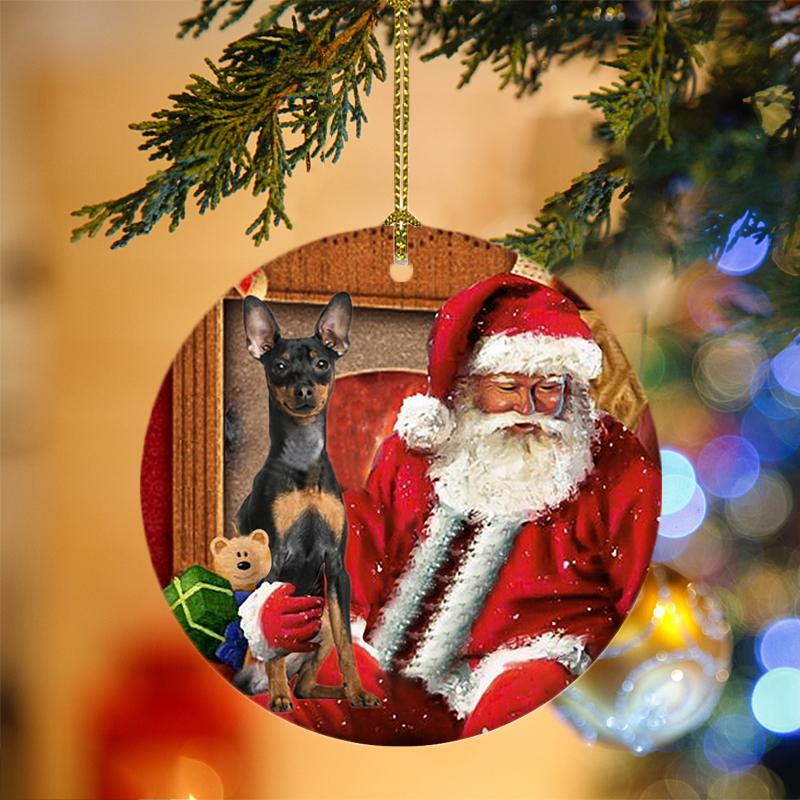 Miniature Pinscher With Santa Christmas Ornament