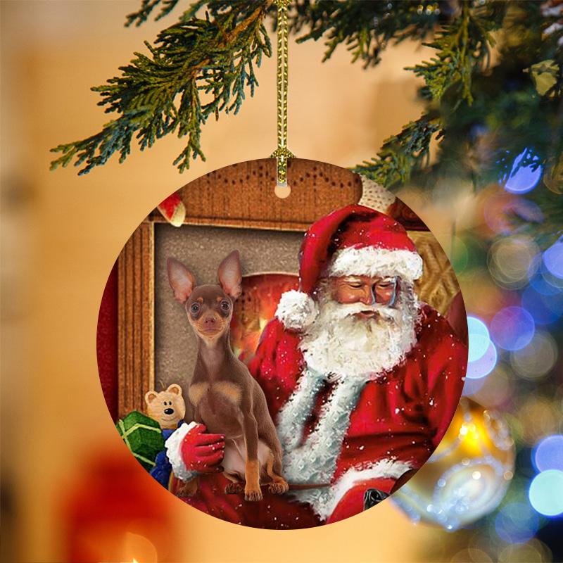 Miniature Pinscher With Santa Christmas Ornament