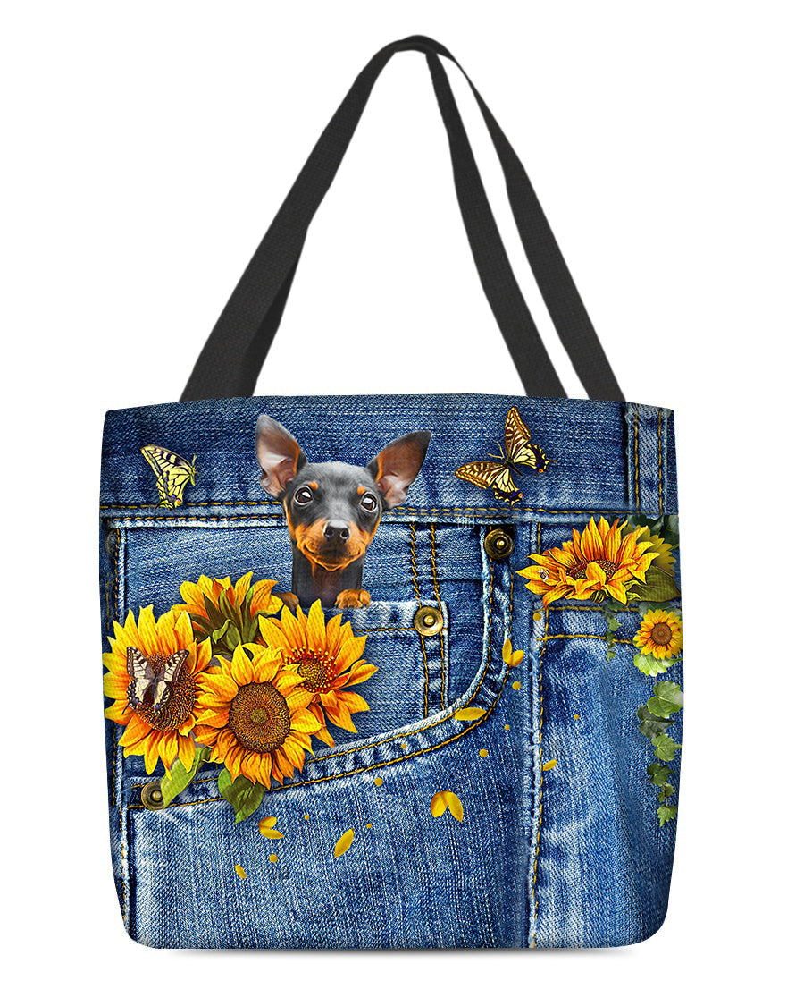 Miniature pinscher-Sunflowers & Butterflies Cloth Tote Bag