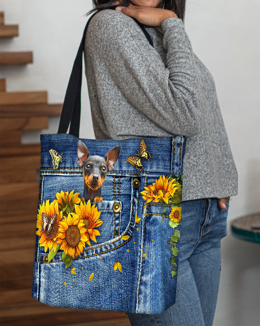 Miniature pinscher-Sunflowers & Butterflies Cloth Tote Bag