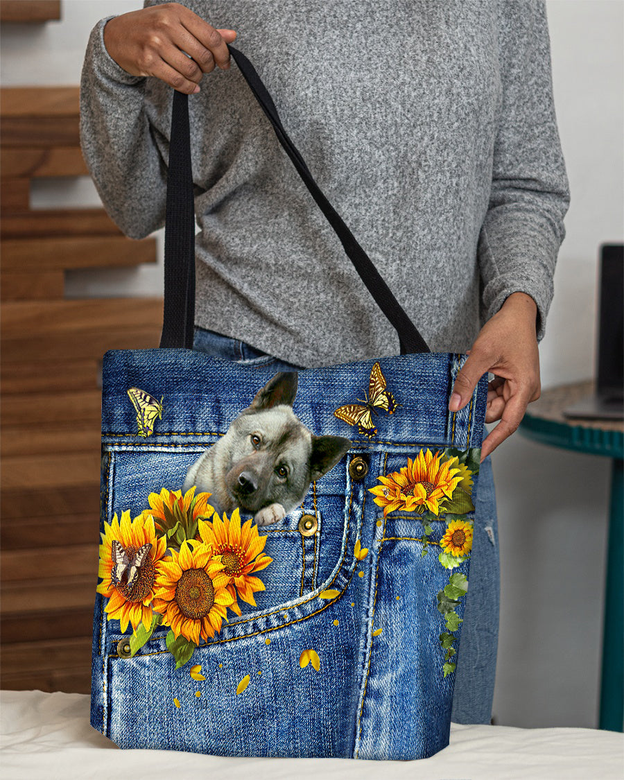 Norwegian Elkhound-Sunflowers & Butterflies Cloth Tote Bag